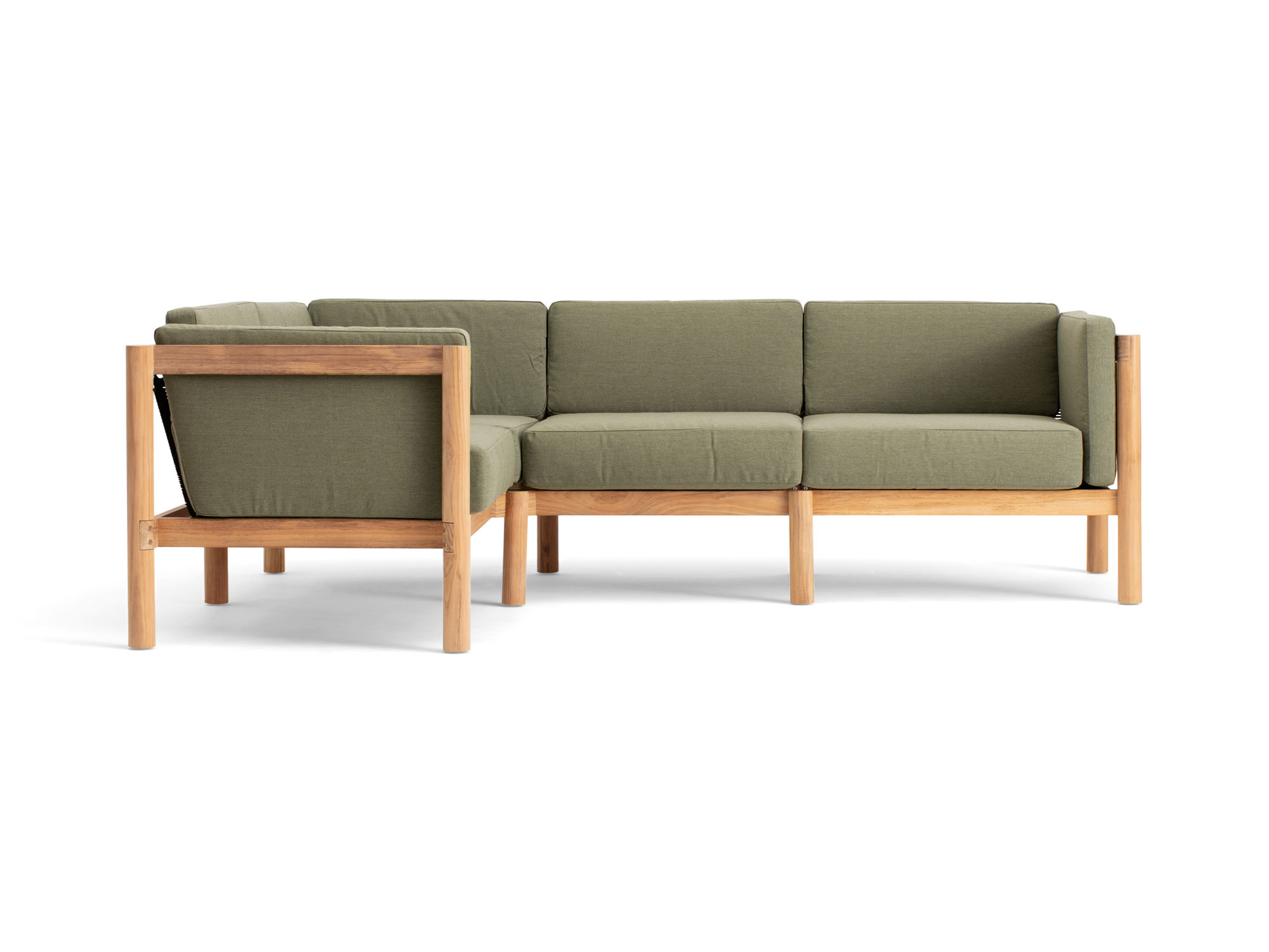 Front view of 4-piece outdoor sectional with green arm cushions